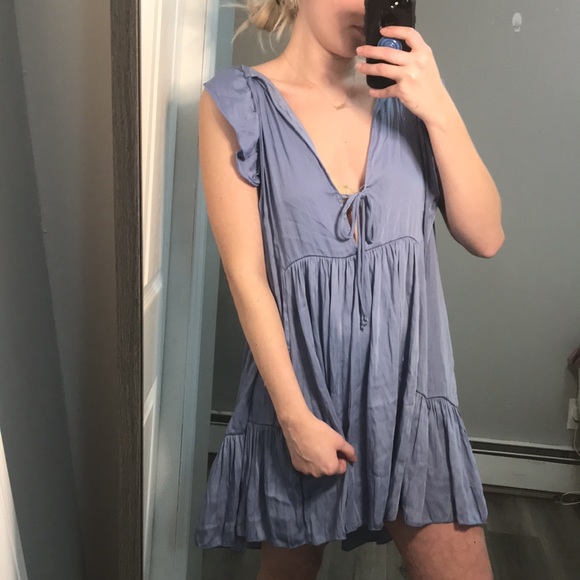 Free People Blue Want Your Love Mini Dress Flowy Reversible Smocked Large L - Picture 3 of 11